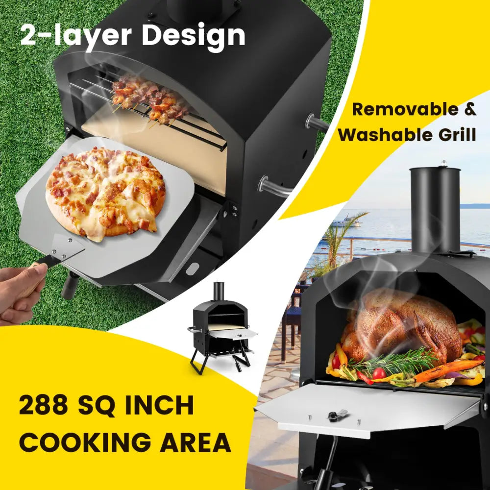 Outdoor Pizza Oven with Anti-scalding Handles and Foldable Legs-Black - Black - Outdoor Grills