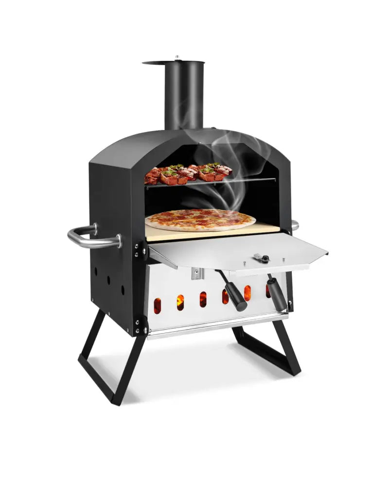 Outdoor Pizza Oven with Anti-scalding Handles and Foldable Legs-Black - Black - Outdoor Grills