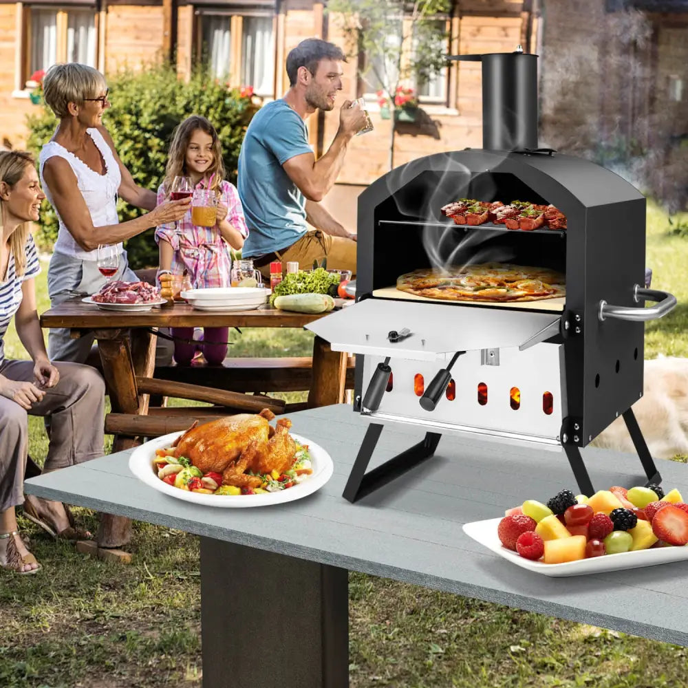 Outdoor Pizza Oven with Anti-scalding Handles and Foldable Legs-Black - Black - Outdoor Grills