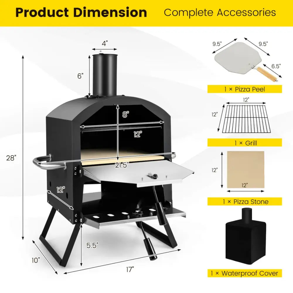 Outdoor Pizza Oven with Anti-scalding Handles and Foldable Legs-Black - Black - Outdoor Grills