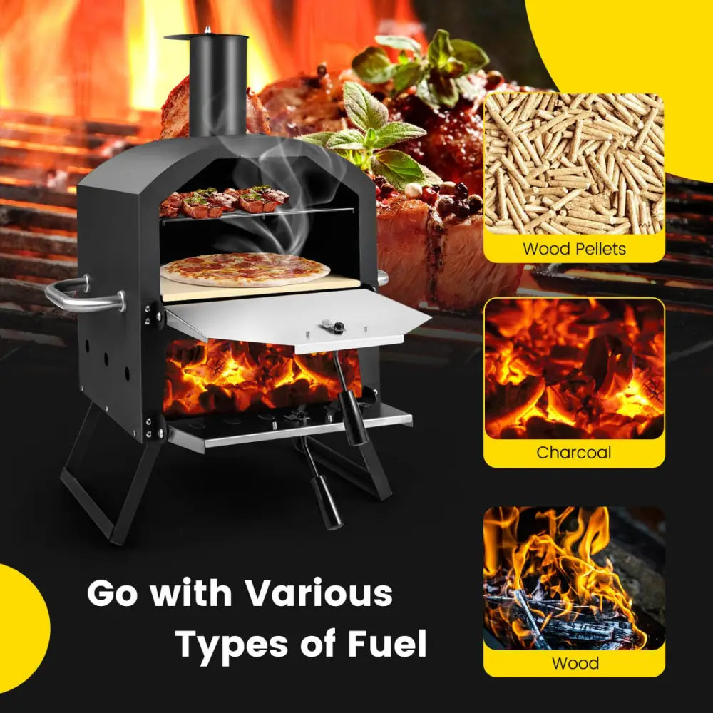 Outdoor Pizza Oven with Anti-scalding Handles and Foldable Legs-Black - Black - Outdoor Grills