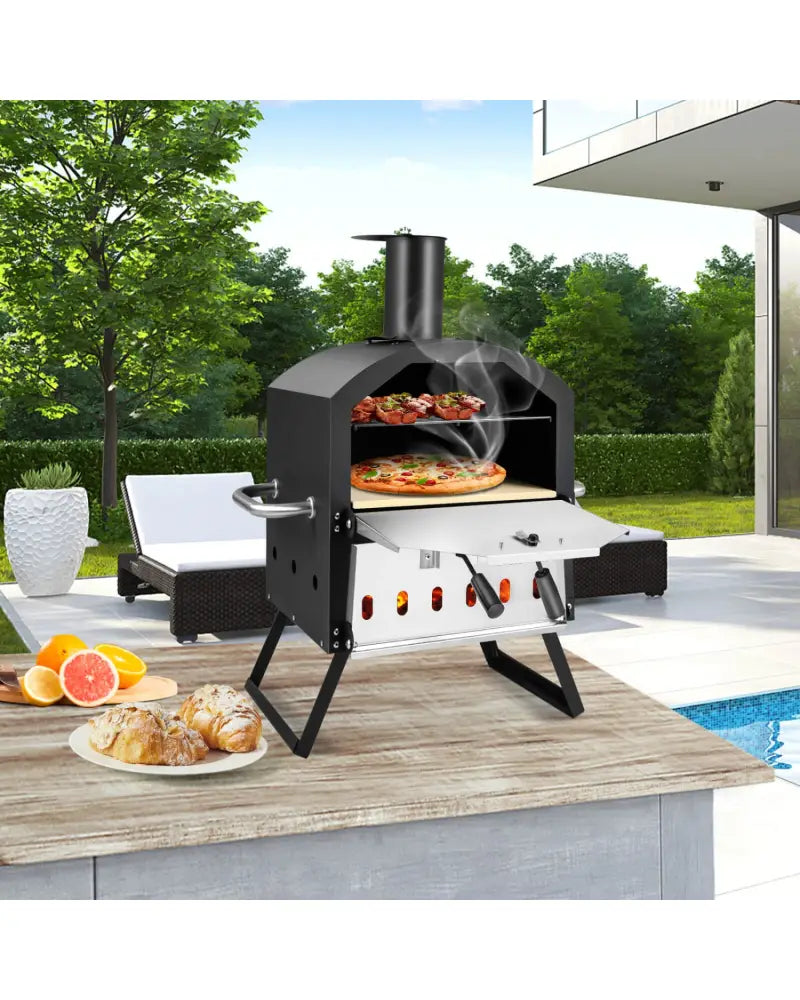Outdoor Pizza Oven with Anti-scalding Handles and Foldable Legs-Black - Black - Outdoor Grills