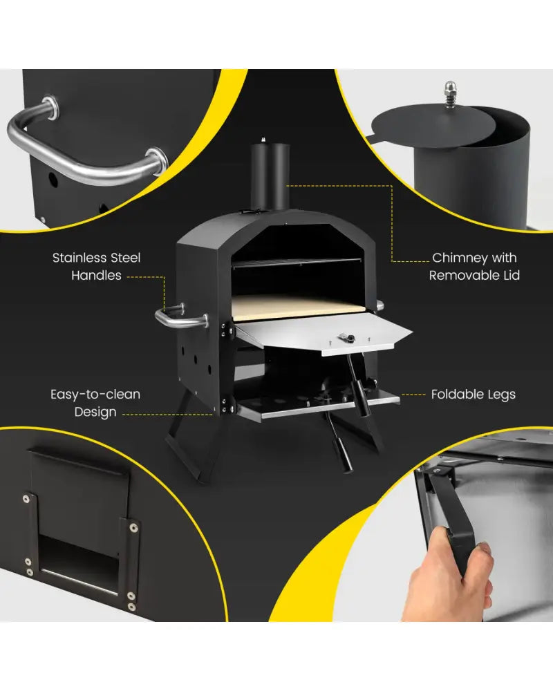 Outdoor Pizza Oven with Anti-scalding Handles and Foldable Legs-Black - Black - Outdoor Grills