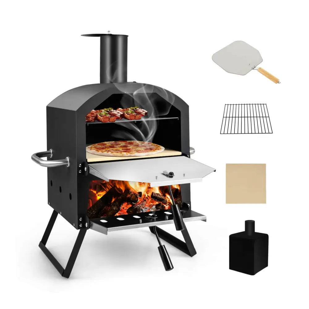 Outdoor Pizza Oven with Anti-scalding Handles and Foldable Legs-Black - Black - Outdoor Grills