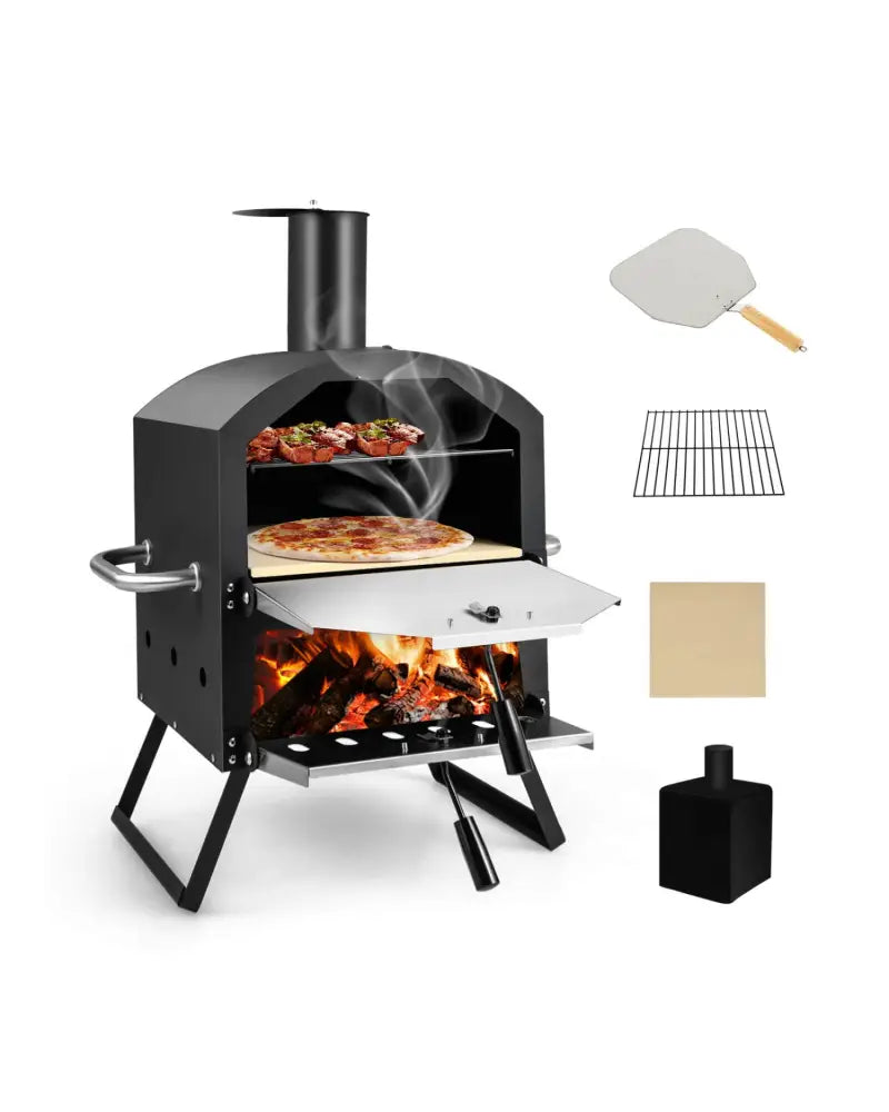 Outdoor Pizza Oven with Anti-scalding Handles and Foldable Legs-Black - Black - Outdoor Grills