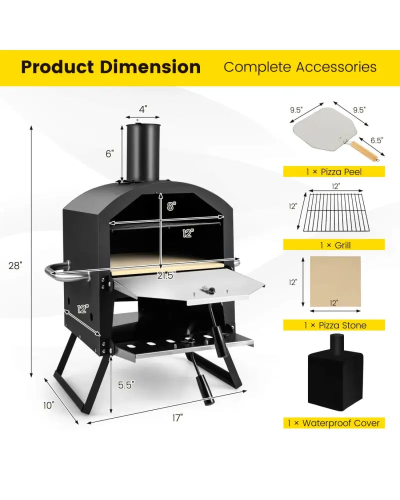 Outdoor Pizza Oven with Anti-scalding Handles and Foldable Legs-Black - Black - Outdoor Grills