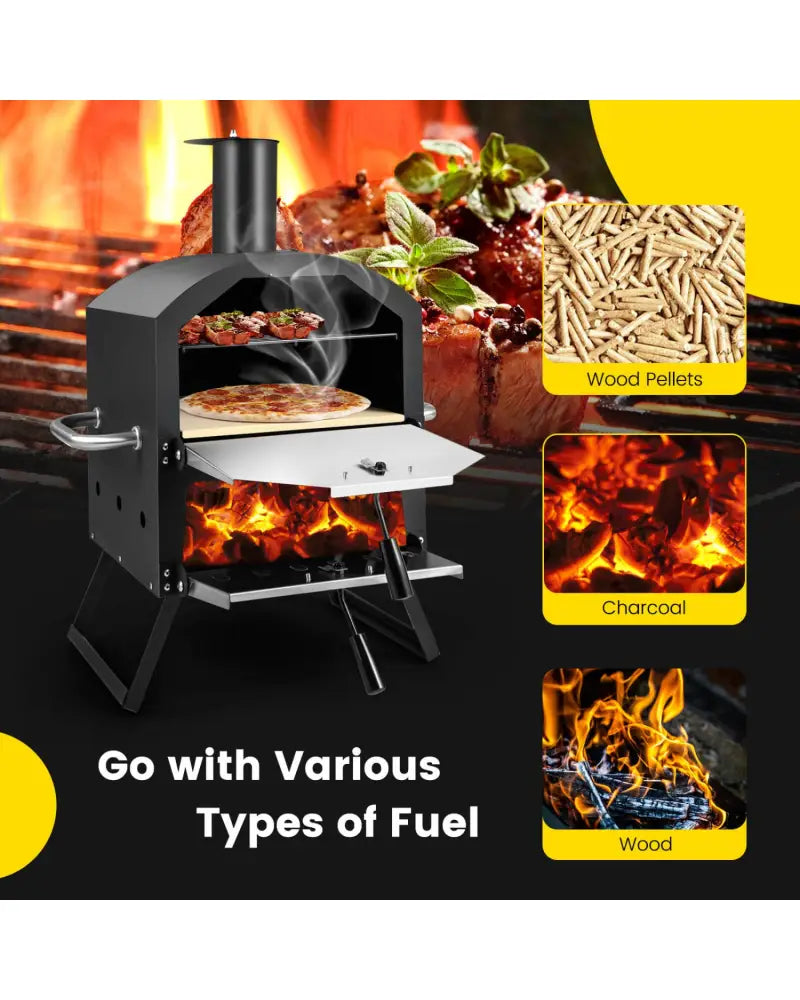 Outdoor Pizza Oven with Anti-scalding Handles and Foldable Legs-Black - Black - Outdoor Grills