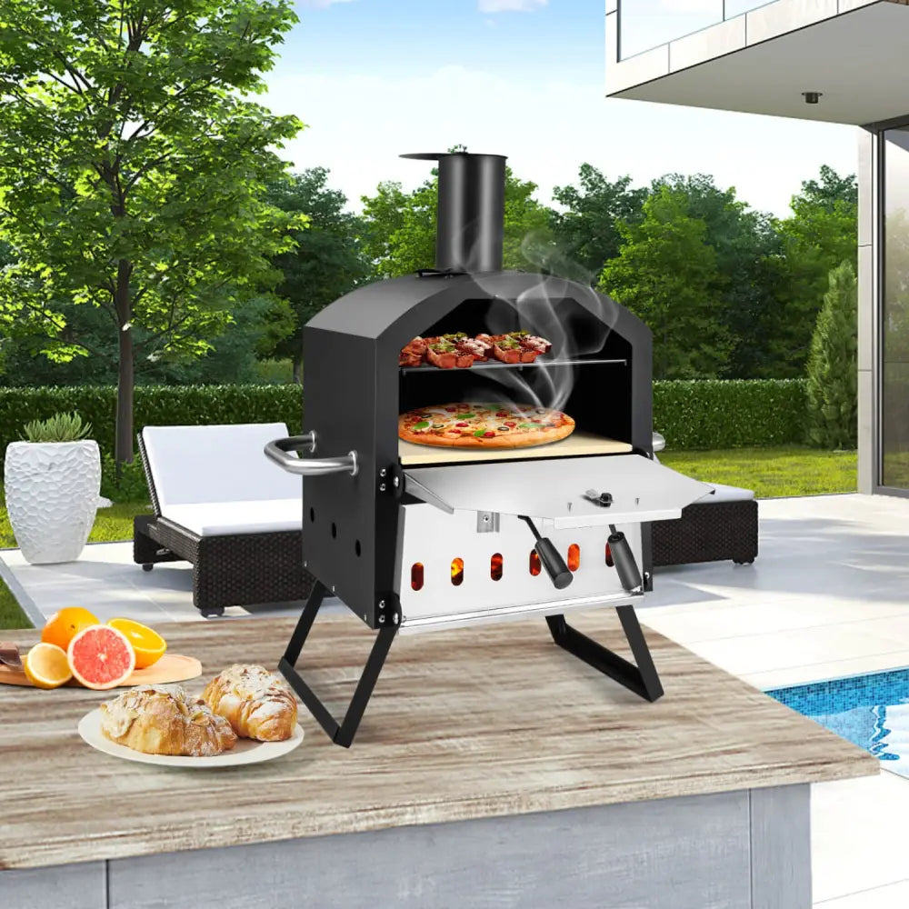 Outdoor Pizza Oven with Anti-scalding Handles and Foldable Legs-Black - Black - Outdoor Grills