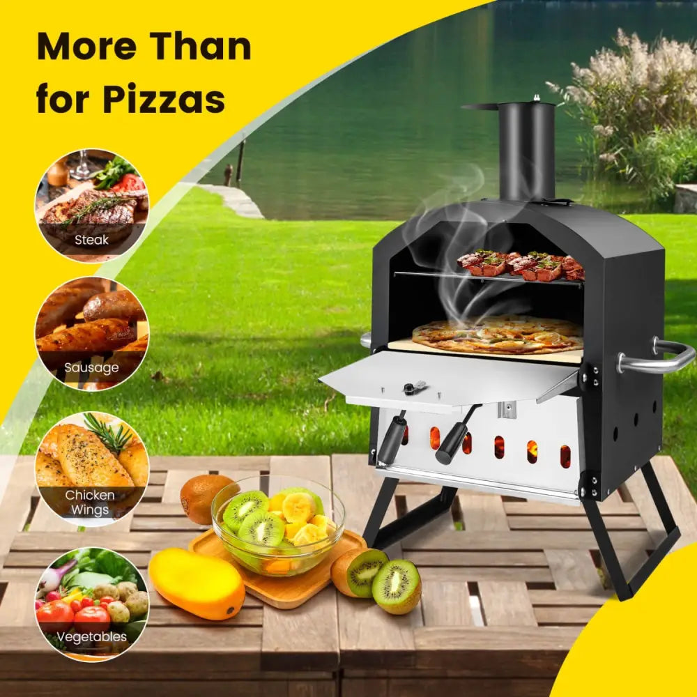 Outdoor Pizza Oven with Anti-scalding Handles and Foldable Legs-Black - Black - Outdoor Grills