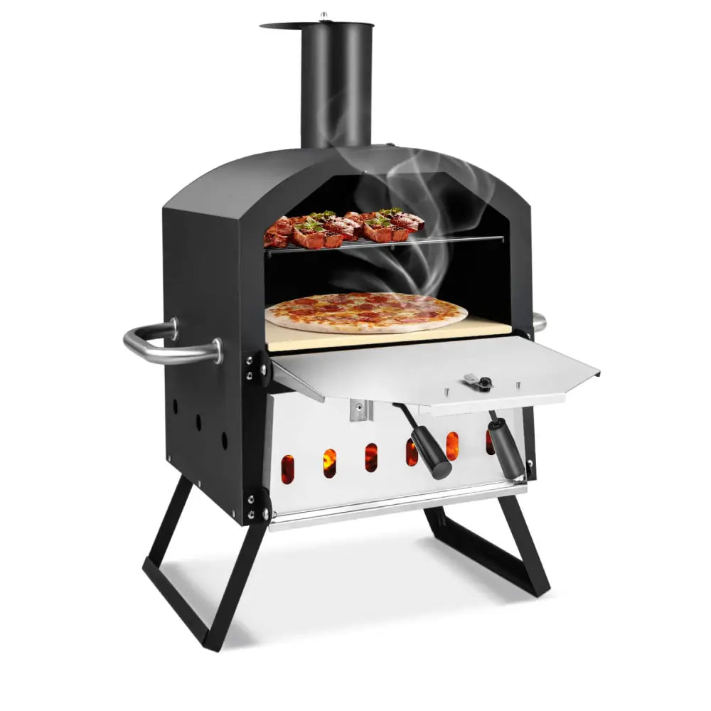 Outdoor Pizza Oven with Anti-scalding Handles and Foldable Legs-Black - Black - Outdoor Grills
