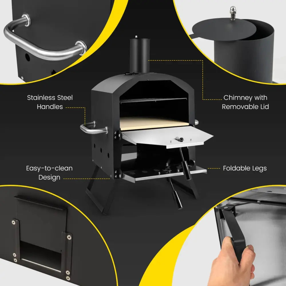 Outdoor Pizza Oven with Anti-scalding Handles and Foldable Legs-Black - Black - Outdoor Grills