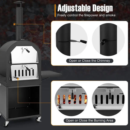 Outdoor Pizza Oven with Protective Cover and Grill Racks and Built-in Thermometer - Black - Outdoor Grills