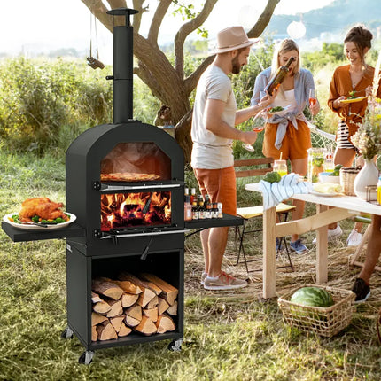 Outdoor Pizza Oven with Protective Cover and Grill Racks and Built-in Thermometer - Black - Outdoor Grills