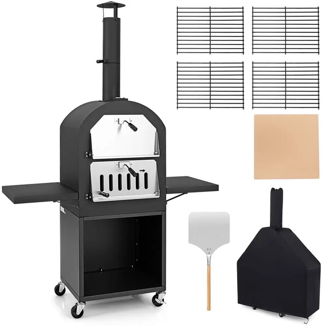 Outdoor Pizza Oven with Protective Cover and Grill Racks and Built-in Thermometer - Black - Outdoor Grills
