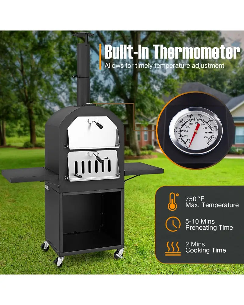 Outdoor Pizza Oven with Protective Cover and Grill Racks and Built-in Thermometer - Black - Outdoor Grills