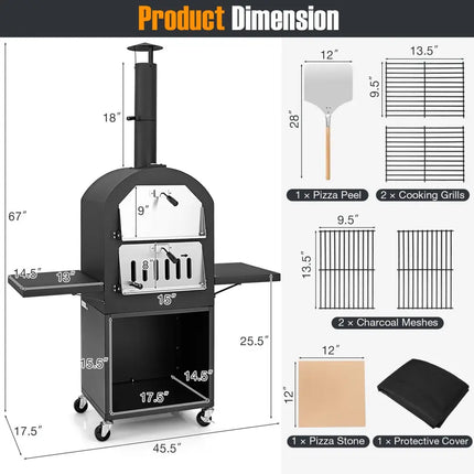 Outdoor Pizza Oven with Protective Cover and Grill Racks and Built-in Thermometer - Black - Outdoor Grills