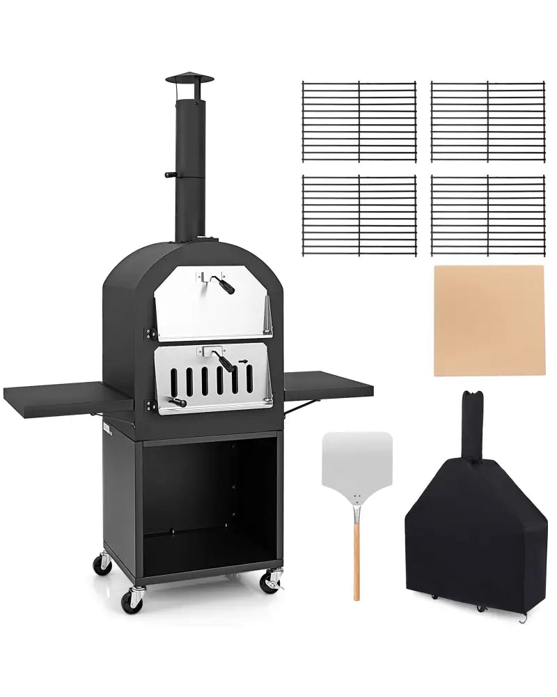 Outdoor Pizza Oven with Protective Cover and Grill Racks and Built-in Thermometer - Black - Outdoor Grills