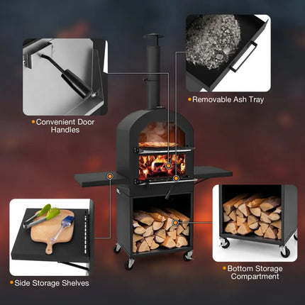 Outdoor Pizza Oven with Protective Cover and Grill Racks and Built-in Thermometer - Black - Outdoor Grills