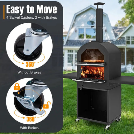 Outdoor Pizza Oven with Protective Cover and Grill Racks and Built-in Thermometer - Black - Outdoor Grills