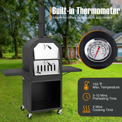 Outdoor Pizza Oven with Protective Cover and Grill Racks and Built-in Thermometer - Black - Outdoor Grills