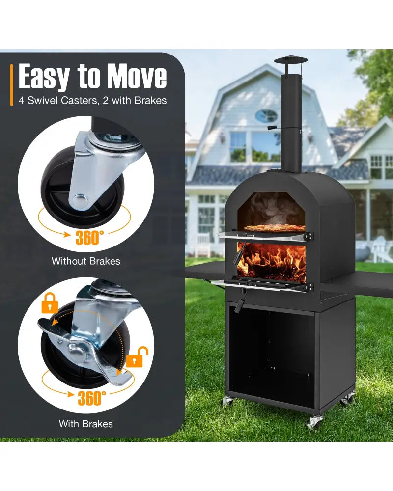 Outdoor Pizza Oven with Protective Cover and Grill Racks and Built-in Thermometer - Black - Outdoor Grills
