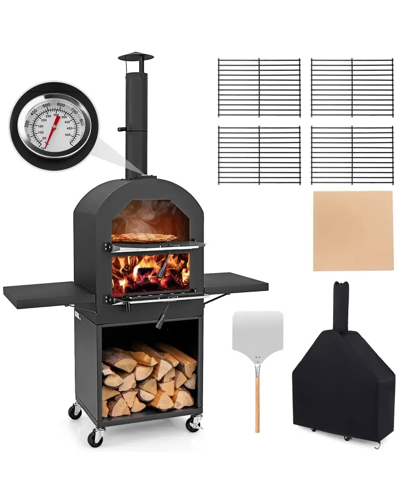 Outdoor Pizza Oven with Protective Cover and Grill Racks and Built-in Thermometer - Black - Outdoor Grills