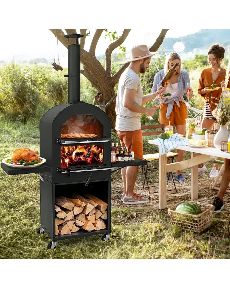 Outdoor Pizza Oven with Protective Cover and Grill Racks and Built-in Thermometer - Black - Outdoor Grills