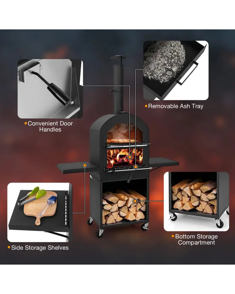Outdoor Pizza Oven with Protective Cover and Grill Racks and Built-in Thermometer - Black - Outdoor Grills