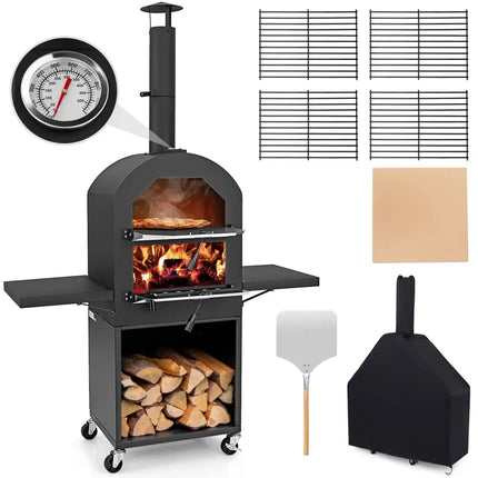 Outdoor Pizza Oven with Protective Cover and Grill Racks and Built-in Thermometer - Black - Outdoor Grills