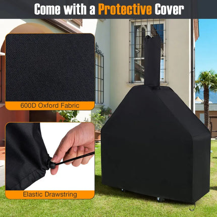 Outdoor Pizza Oven with Protective Cover and Grill Racks and Built-in Thermometer - Black - Outdoor Grills