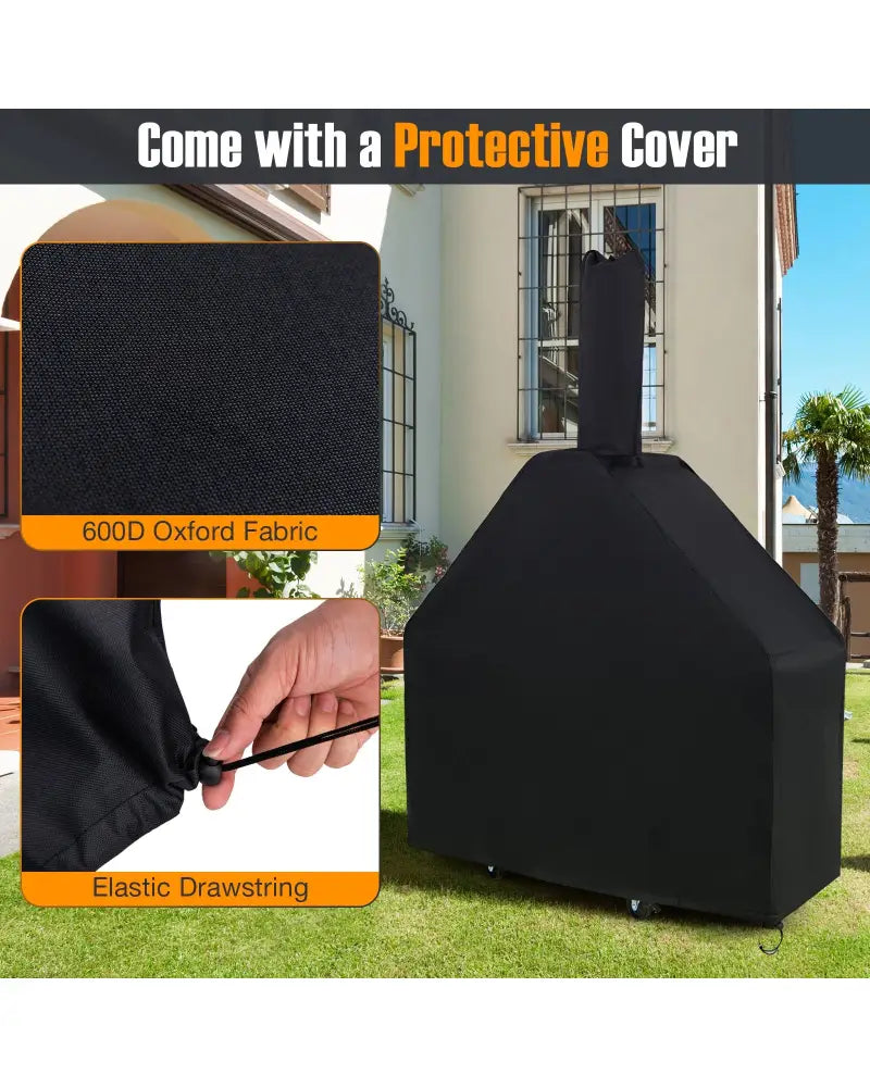 Outdoor Pizza Oven with Protective Cover and Grill Racks and Built-in Thermometer - Black - Outdoor Grills
