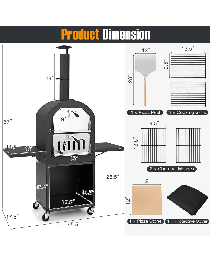 Outdoor Pizza Oven with Protective Cover and Grill Racks and Built-in Thermometer - Black - Outdoor Grills