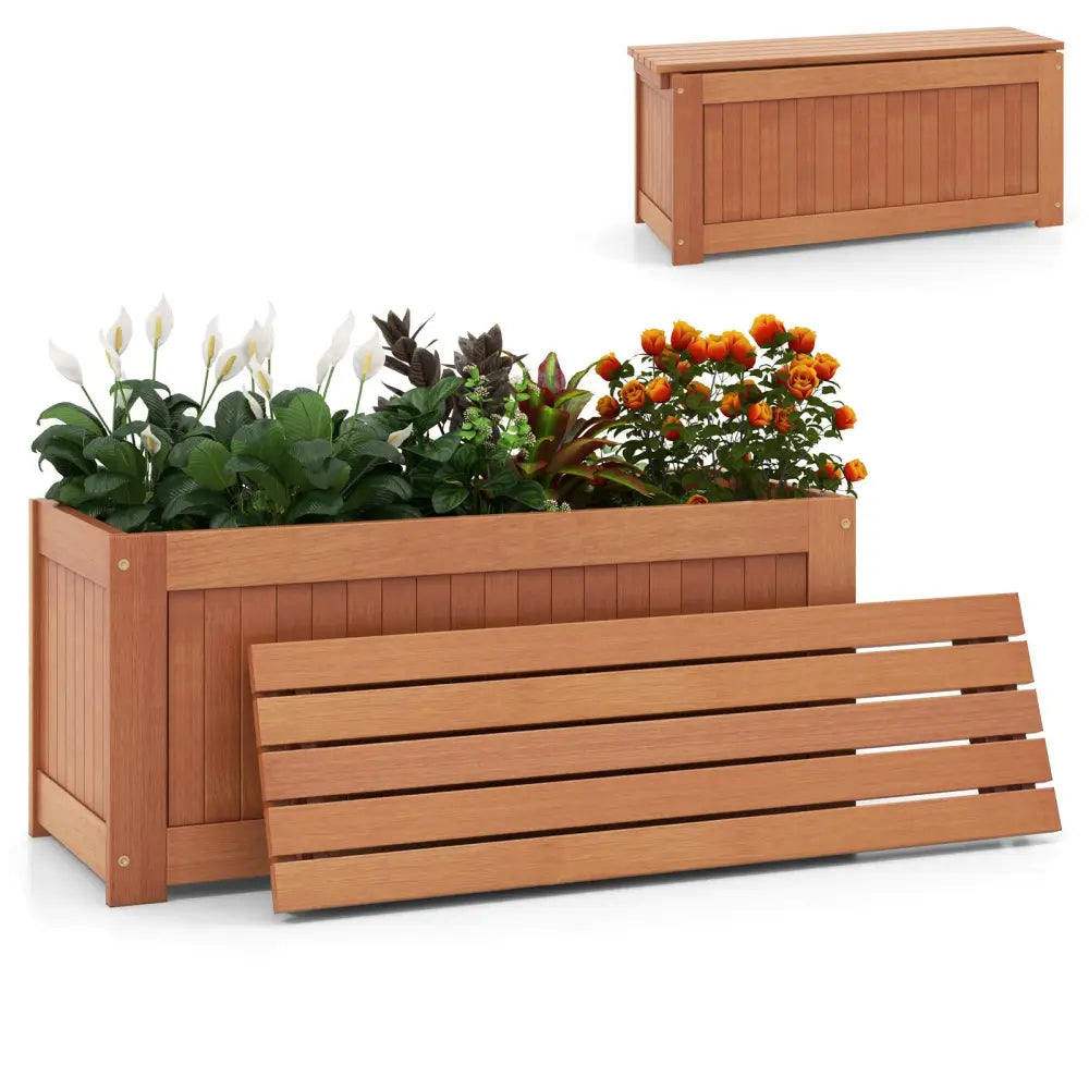 Outdoor Plant Container with Seat for Garden Yard Balcony Deck - Natural - Raised Garden Beds