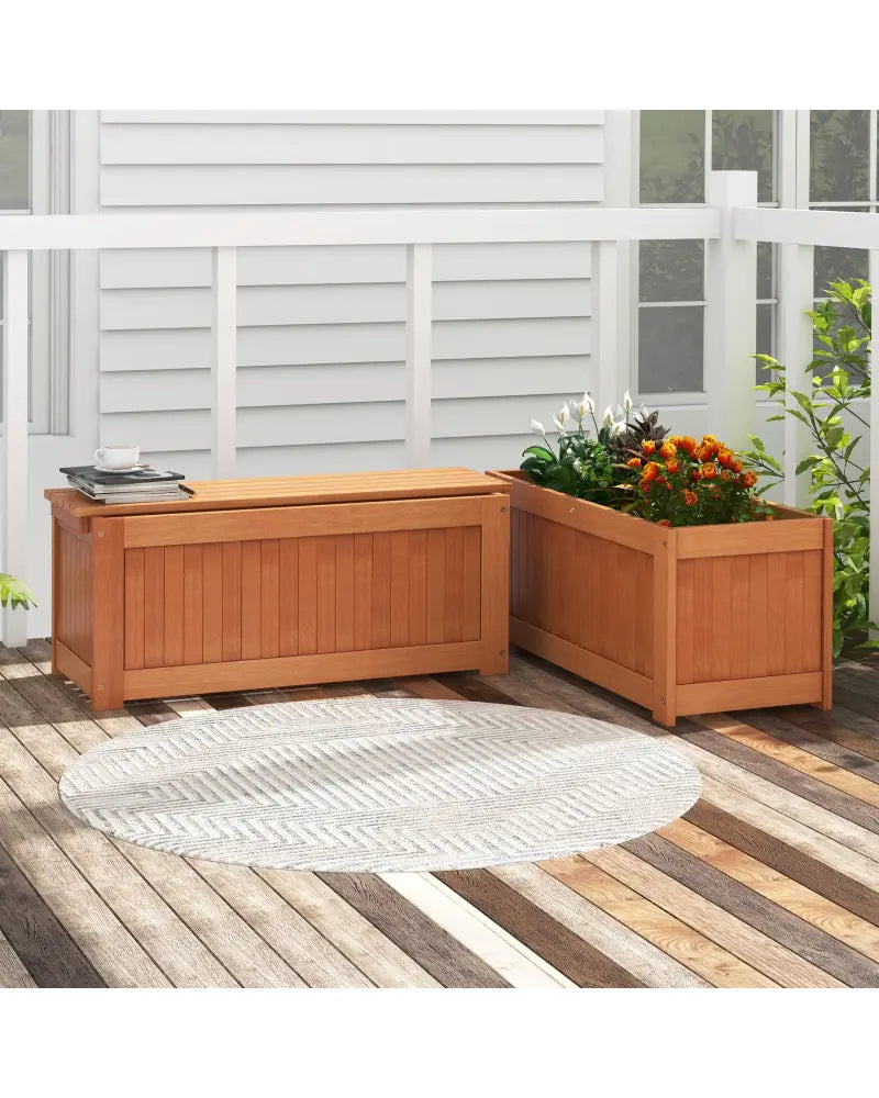 Outdoor Plant Container with Seat for Garden Yard Balcony Deck - Natural - Raised Garden Beds