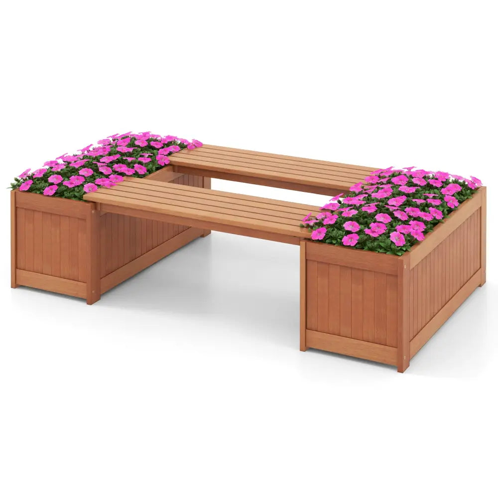 Outdoor Plant Container with Seat for Garden Yard Balcony Deck - Natural - Raised Garden Beds