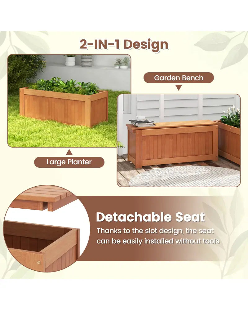 Outdoor Plant Container with Seat for Garden Yard Balcony Deck - Natural - Raised Garden Beds