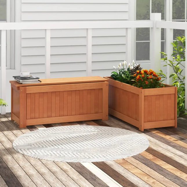 Outdoor Plant Container with Seat for Garden Yard Balcony Deck - Natural - Raised Garden Beds