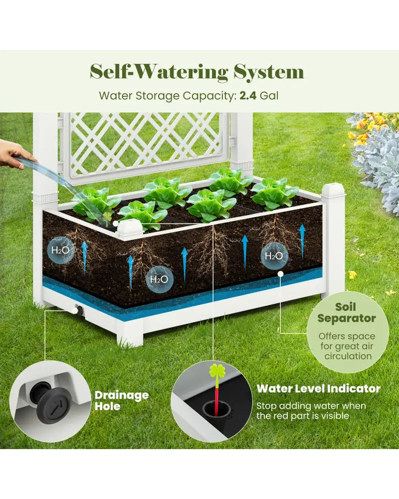 Outdoor Planter Box Self-Watering Raised Garden Bed Trellis with Water Level Indicator-Greyish-white - Light Gray
