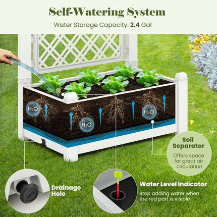 Outdoor Planter Box Self-Watering Raised Garden Bed Trellis with Water Level Indicator-Greyish-white - Light Gray