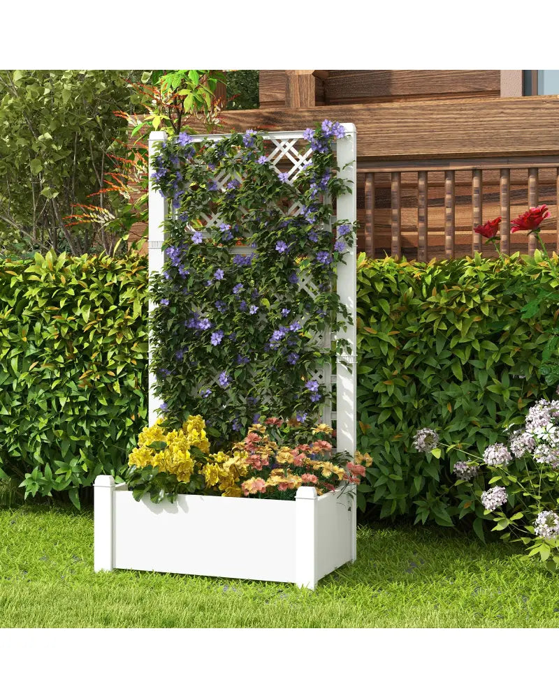 Outdoor Planter Box Self-Watering Raised Garden Bed Trellis with Water Level Indicator-Greyish-white - Light Gray