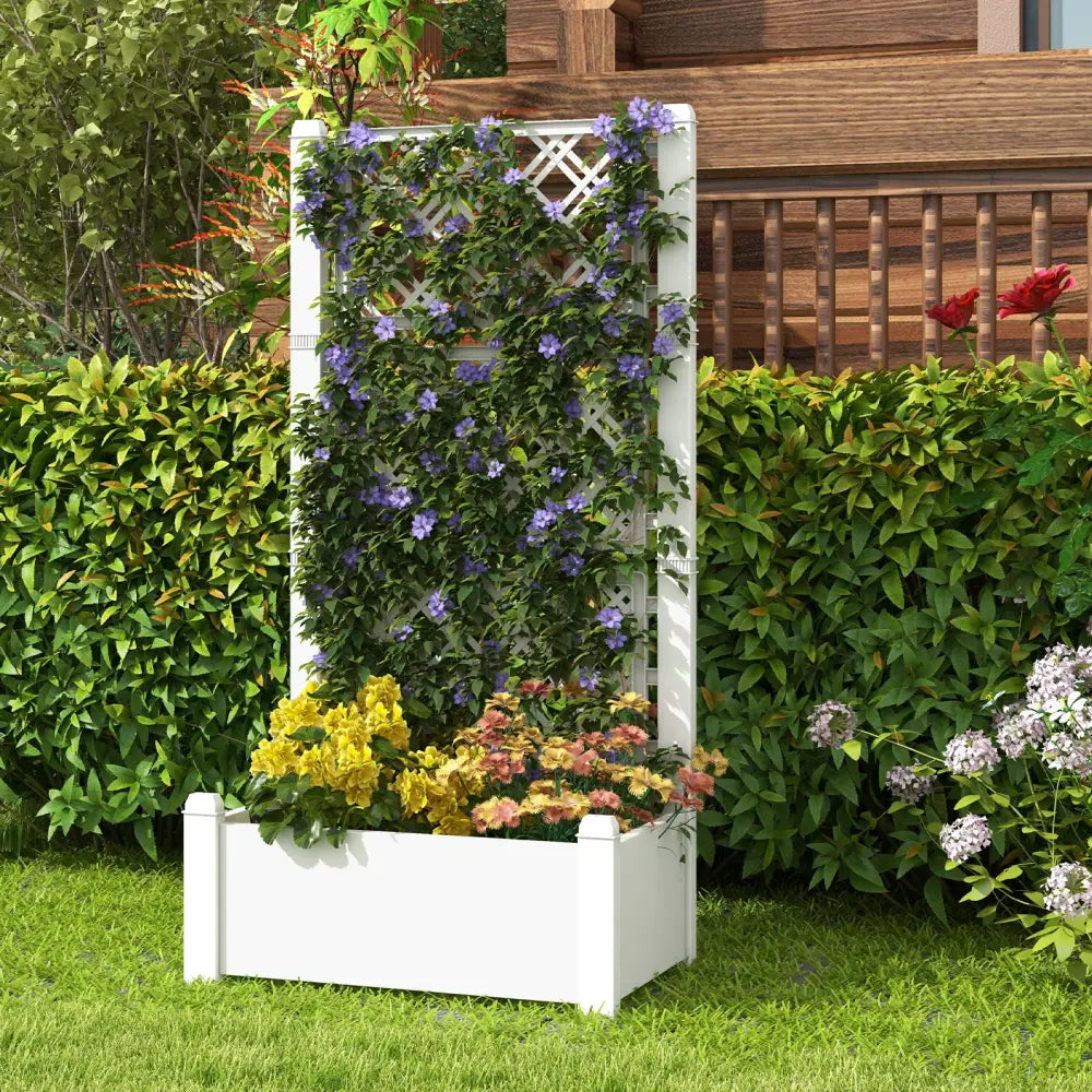 Outdoor Planter Box Self-Watering Raised Garden Bed Trellis with Water Level Indicator-Greyish-white - Light Gray