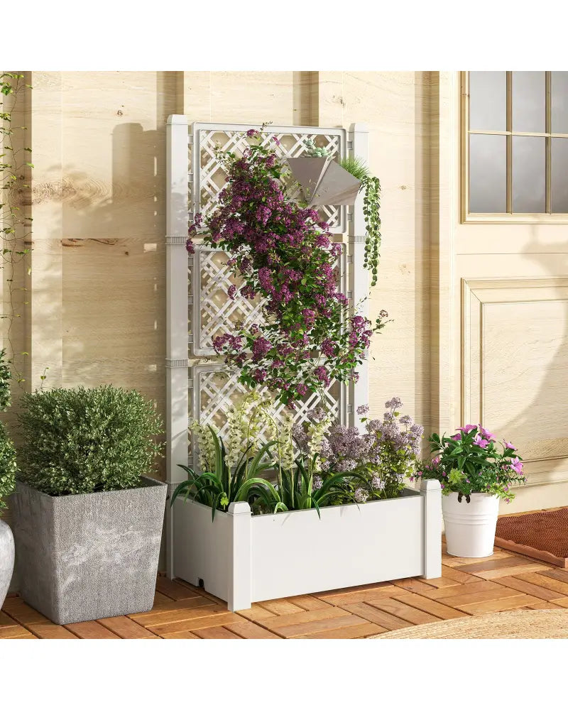 Outdoor Planter Box Self-Watering Raised Garden Bed Trellis with Water Level Indicator-Greyish-white - Light Gray