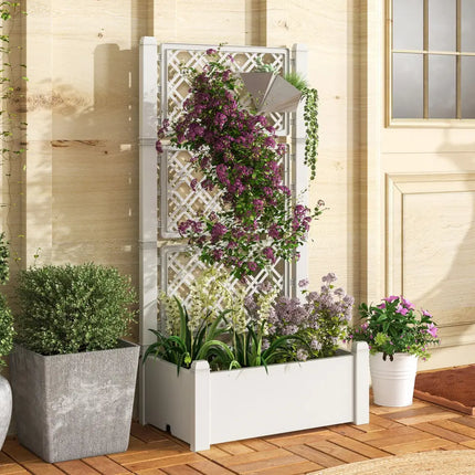 Outdoor Planter Box Self-Watering Raised Garden Bed Trellis with Water Level Indicator-Greyish-white - Light Gray