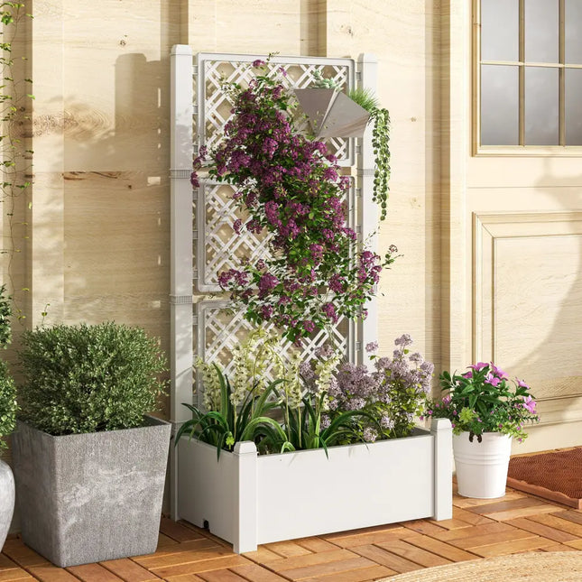 Outdoor Planter Box Self-Watering Raised Garden Bed Trellis with Water Level Indicator-Greyish-white - Light Gray