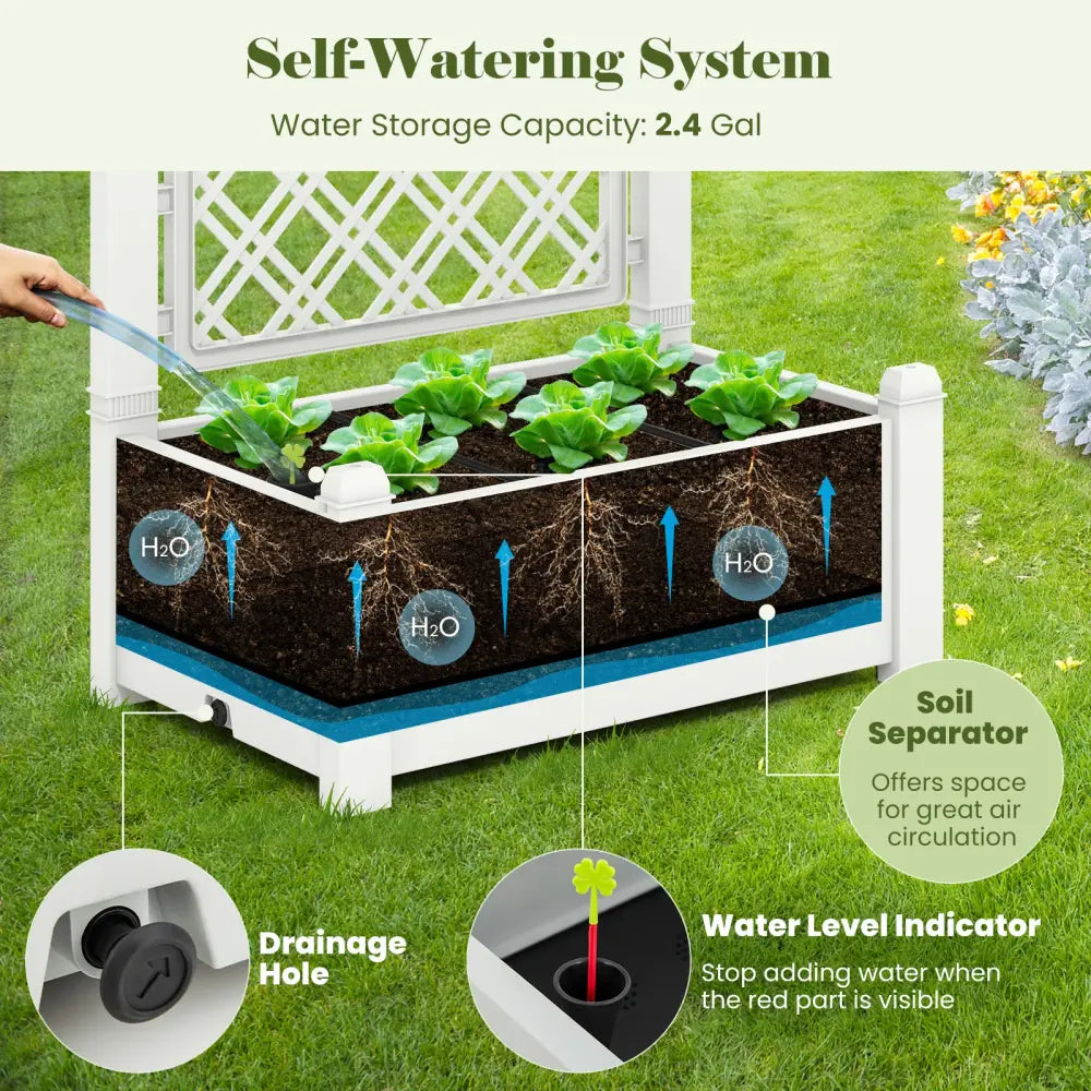 Outdoor Planter Box Self-Watering Raised Garden Bed Trellis with Water Level Indicator-Greyish-white - Light Gray
