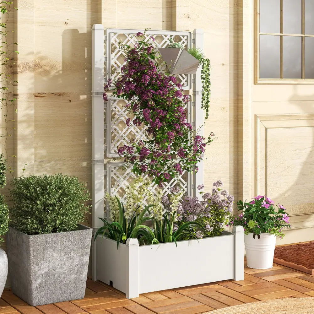 Outdoor Planter Box Self-Watering Raised Garden Bed Trellis with Water Level Indicator-Greyish-white - Light Gray
