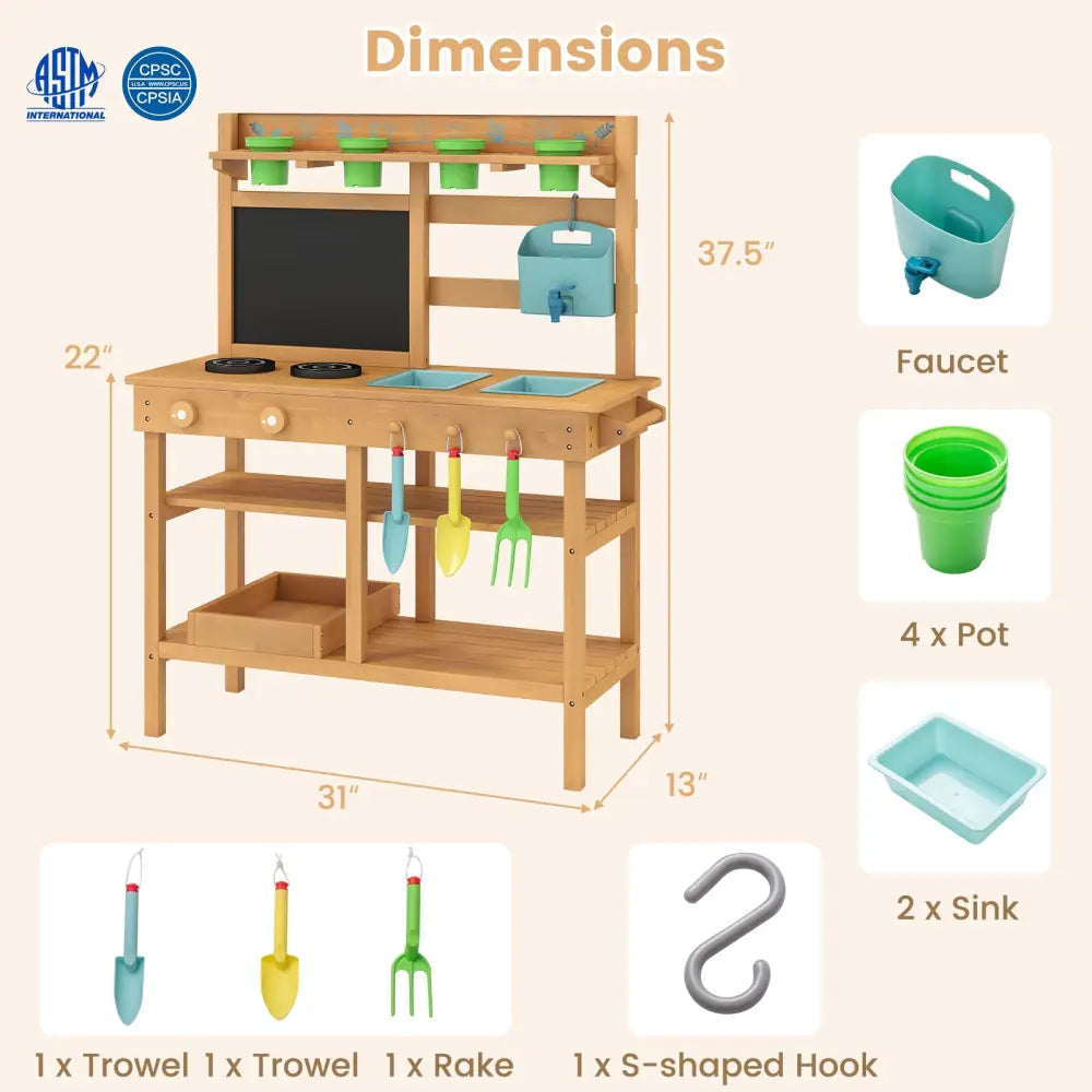 Outdoor Play Pretend Kitchen with Faucet and Removable Sinks for Children Aged 3+-Natural - Natural - Play Kitchen Sets