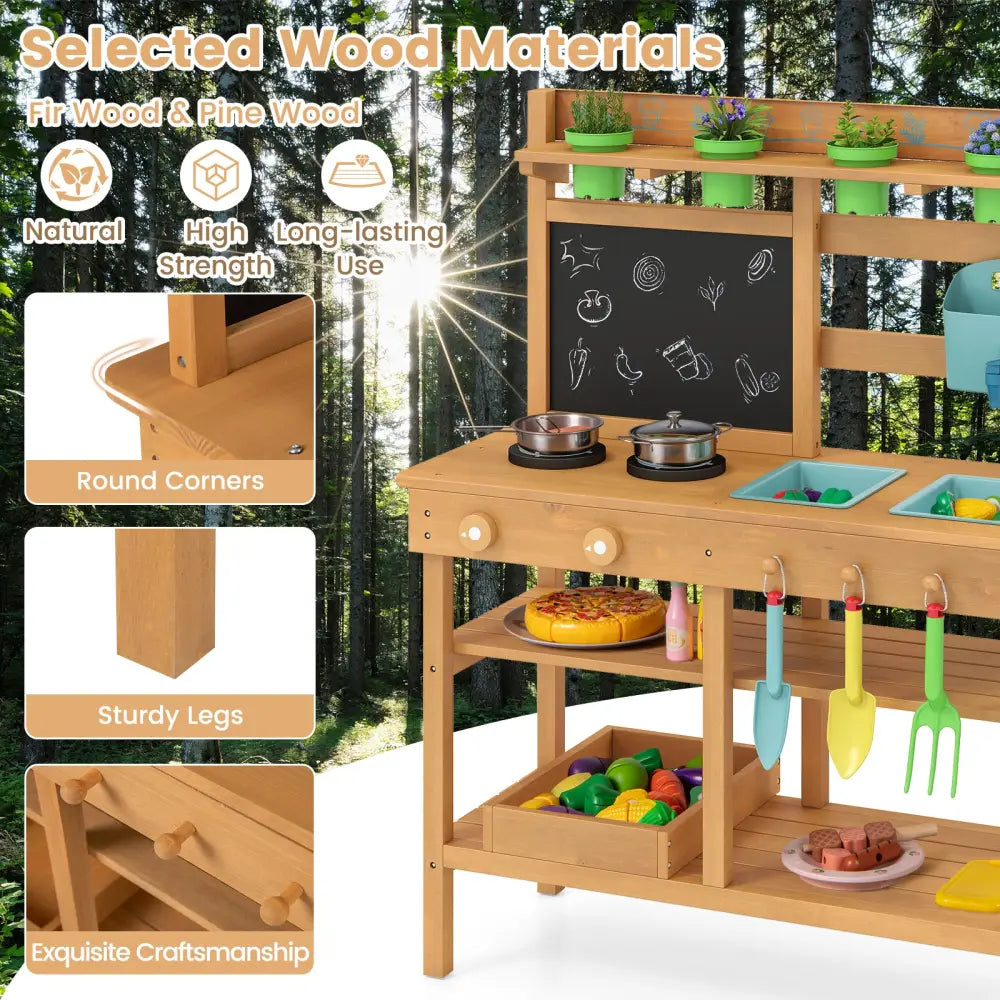 Outdoor Play Pretend Kitchen with Faucet and Removable Sinks for Children Aged 3+-Natural - Natural - Play Kitchen Sets