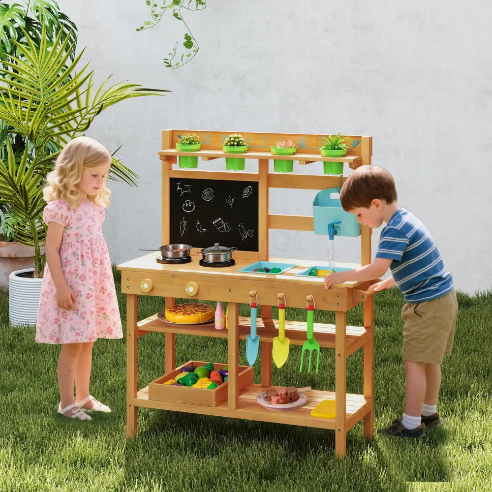 Outdoor Play Pretend Kitchen with Faucet and Removable Sinks for Children Aged 3+-Natural - Natural - Play Kitchen Sets