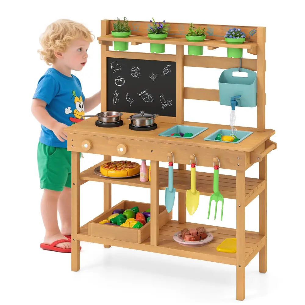 Outdoor Play Pretend Kitchen with Faucet and Removable Sinks for Children Aged 3+-Natural - Natural - Play Kitchen Sets